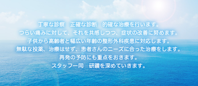 丁寧な診察　正確な診断　的確な治療を行います。つらい痛みに対して、それを共感しつつ、症状の改善に努めます。子供から高齢者と幅広い年齢の整形外科疾患に対応します。無駄な投薬、治療はせず、患者さんのニーズに合った治療をします。再発の予防にも重点をおきます。スタッフ一同　研鑽を深めていきます。